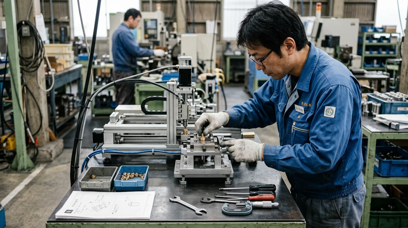 測定器を使って金属部品を精密に調整する作業者の手元