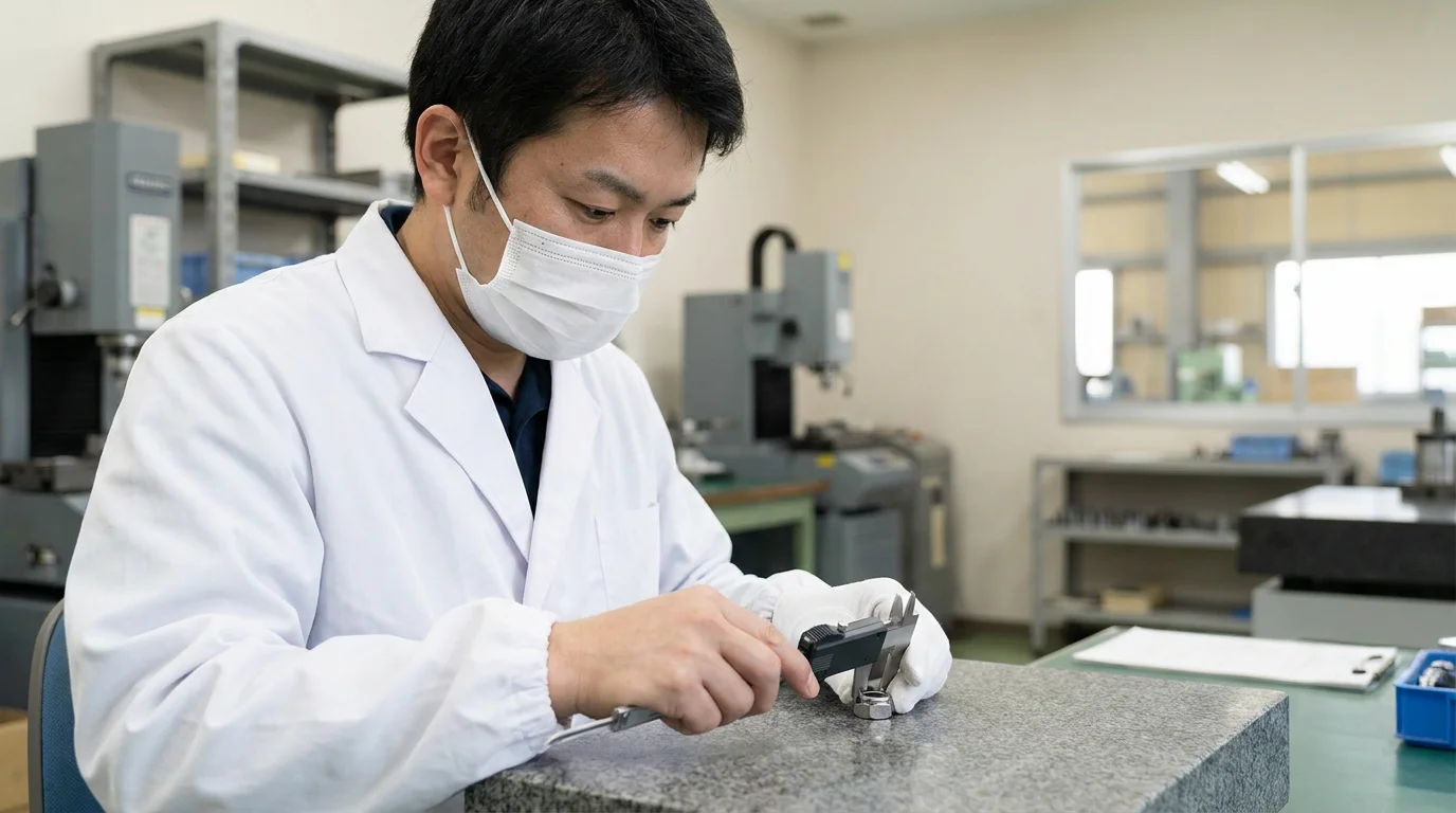 検査器具のそばで小型金属部品を確認する品質検査の手元